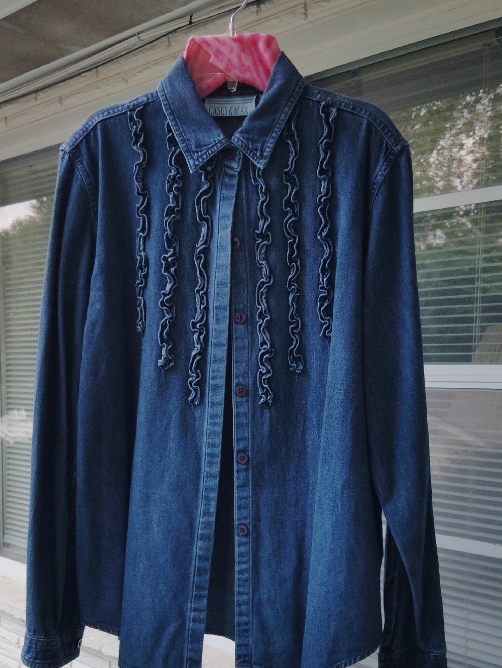 Women’s Or Juniors Dark Blue Denim Button-Down Shirt with Ruffle Trim